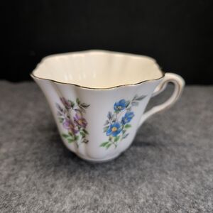 Vintage Floral Bone China Teacup with Gold Trim - Blue & Purple Flowers